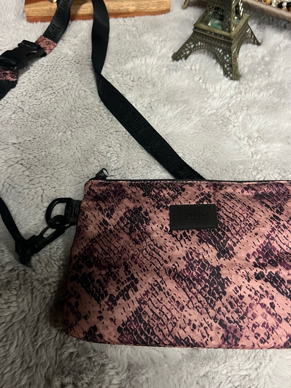 PINK Victoria's Secret Pink Snake-Print Crossbody Bag with Black Strap